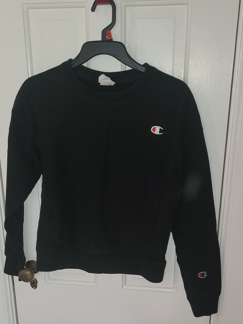 Champion Black Crewneck Sweatshirt with Embroidered Logos, Size Small